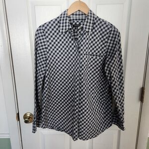Lafayette 148 Women Sz M 100% Cotton Navy White Gingham Check Button Down Shirt